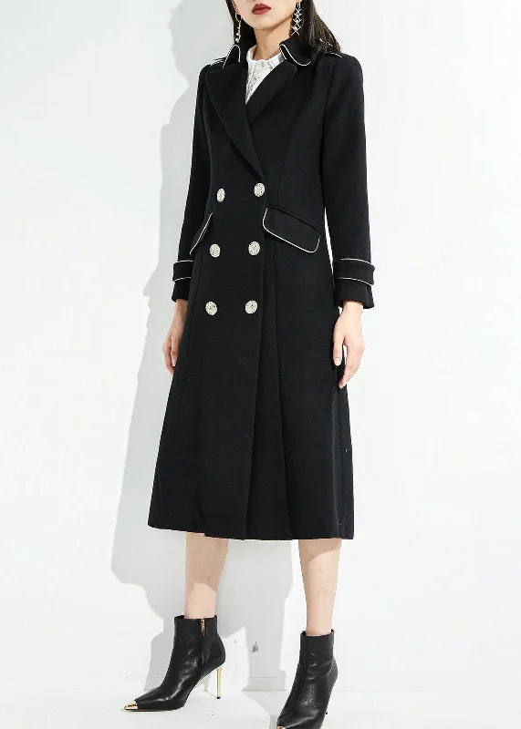 women's A-line coats -Black Wool Blend Double Breasted Midi Fit & Flare Coat