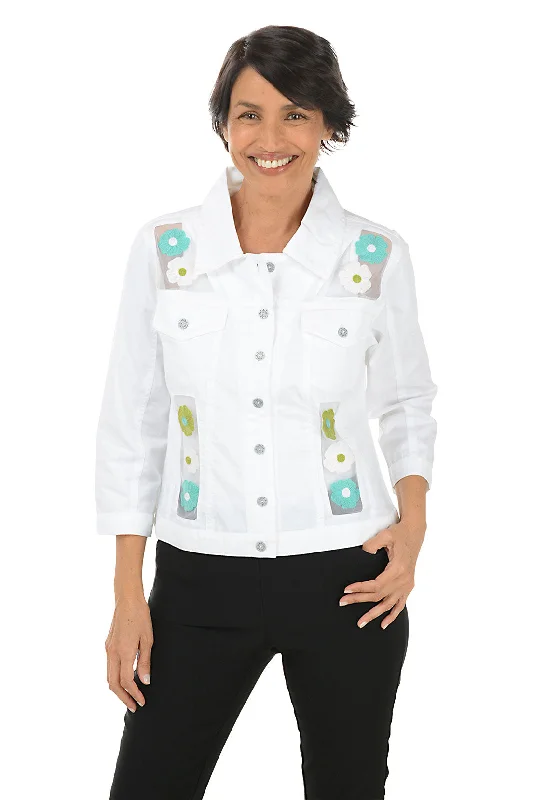 trendy cropped jackets for women -Petite Rachel Embroidered Mesh Accented Jacket