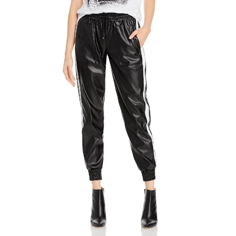 women's cropped trousers -Karl Lagerfeld Paris Womens Faux Leather Striped Jogger Pants