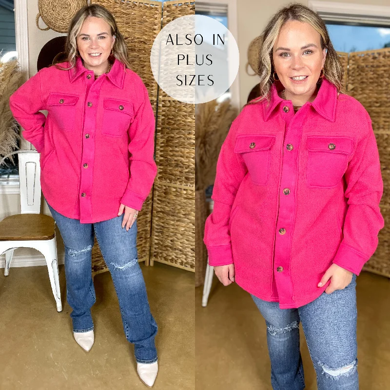 women's two-tone trench coats -Hollywood Hike Button Up Fleece Jacket with Pockets in Hot Pink