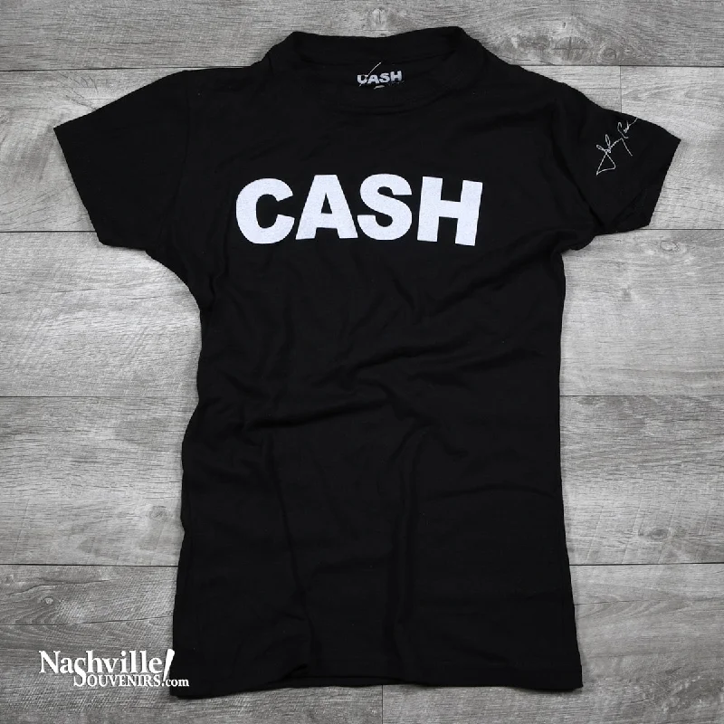 women's open-back tops -Ladies Johnny Cash T-shirt with CASH in bold letters