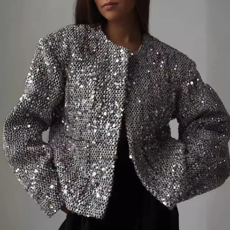 stylish business coats for women -Tabitha Short Sequined Jacket