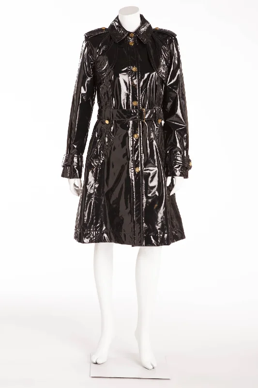 women's side-zip winter coats -Roberto Cavalli - Black Patent Long Sleeve Coat with Tie Waist - IT 42