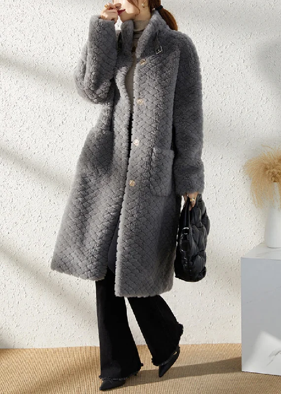 trendy floral print coats for women -Gray Single Breasted Wool Fleece Long Coat