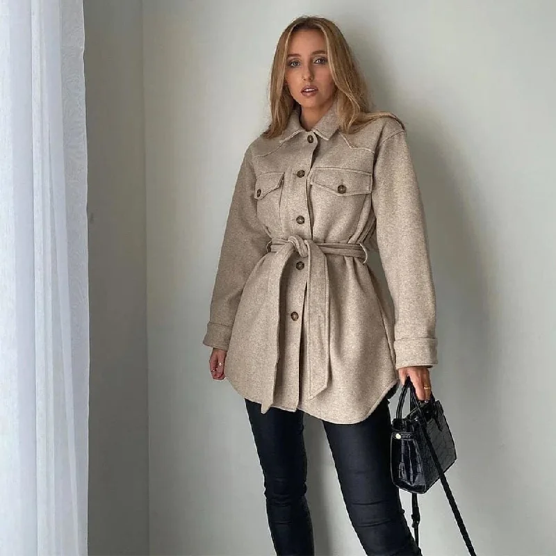 women's winter coats -DressBetty - Long Sleeves Belted Warm Thicken Casual Coats