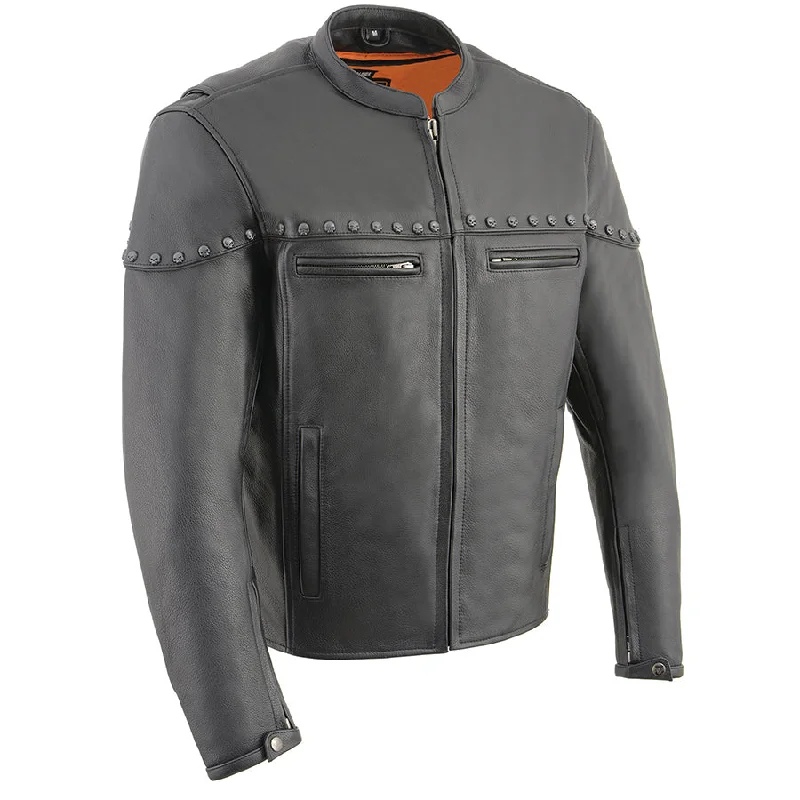 stylish tailored coats for women -Men’s Black Leather Racer Jacket with Skull Hardware