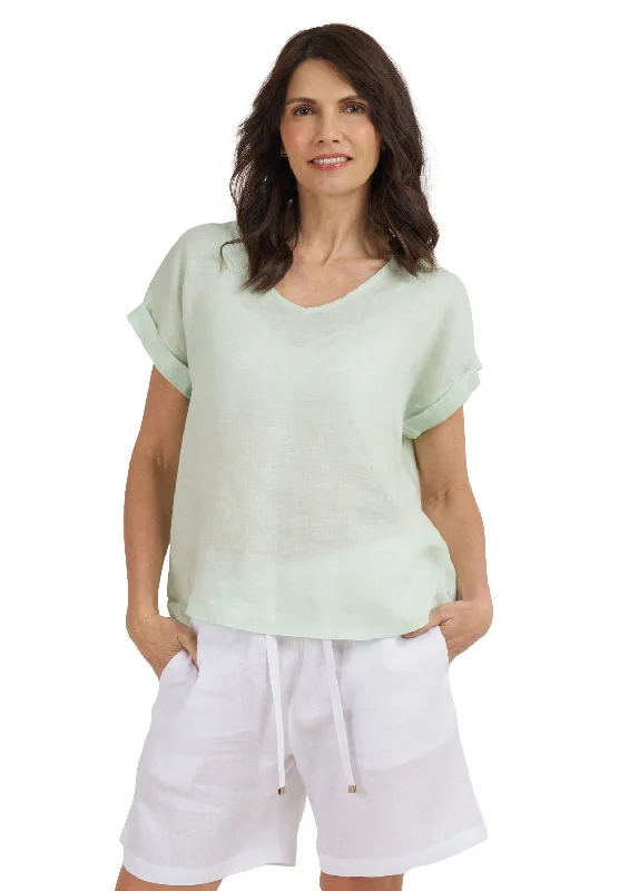 ladies' mesh tops -Martina Pistacchio Sand Washed Linen T-Shirt