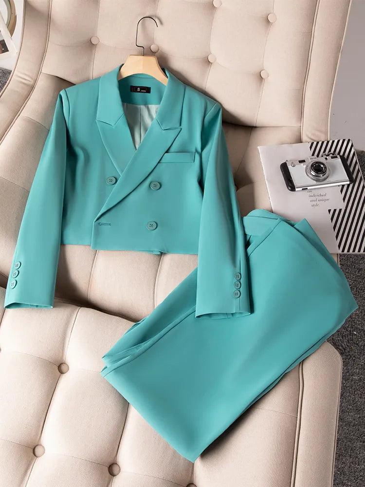 ladies' retro flared pants -Double-Breasted Crop Blazer Women Pant Suit