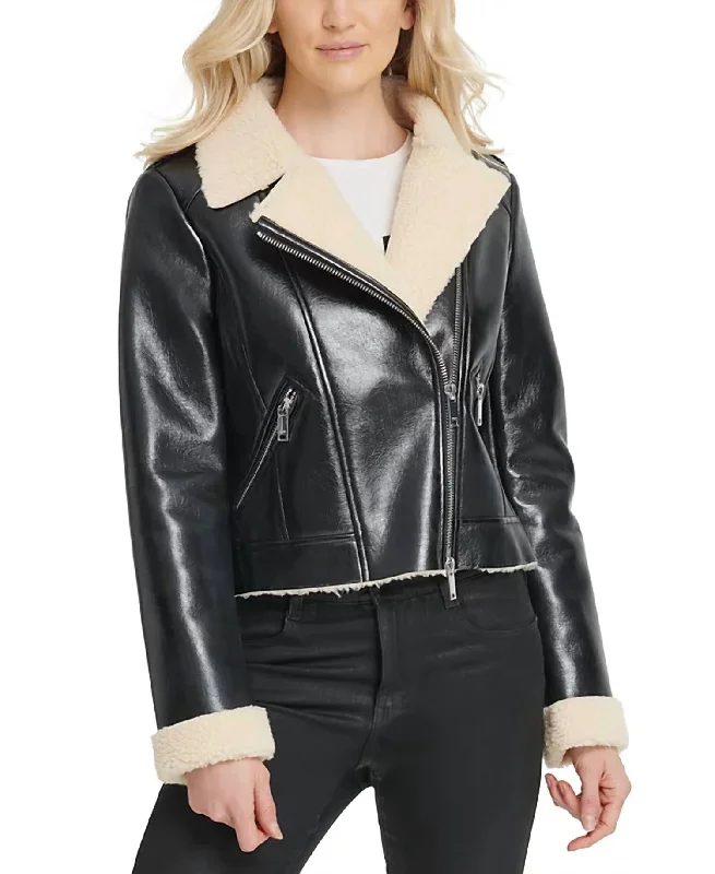 women's shearling-lined coats -Faux Shearling Motorcycle Jacket In Black