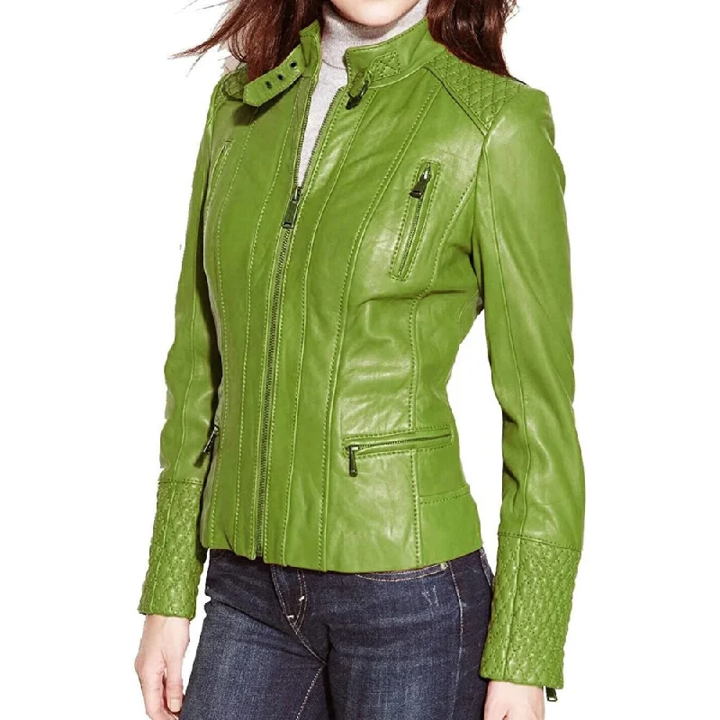 ladies' elegant cape coats -Biker Slim Fit Green Leather Jacket