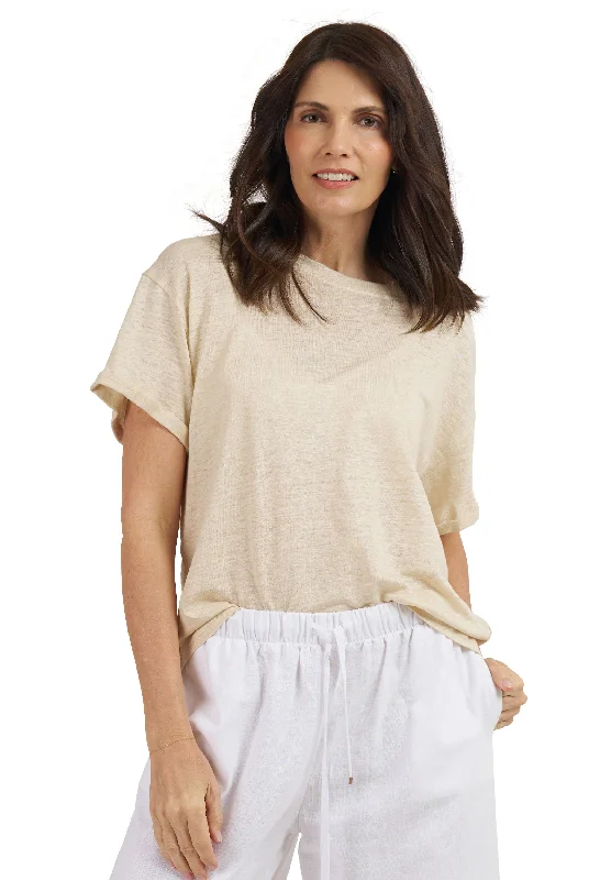 ladies' satin camisoles -Francy-Linen Natural Rolled Sleeve T-Shirt