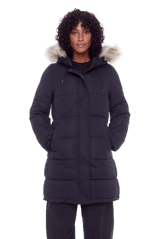 stylish belted coats for women -AULAVIK | WOMEN'S VEGAN DOWN (RECYCLED) MID-LENGTH HOODED PARKA COAT