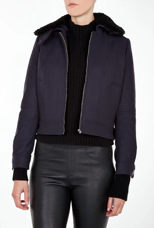 women's fur-collared coats -Military Bomber Jacket In Navy Blue