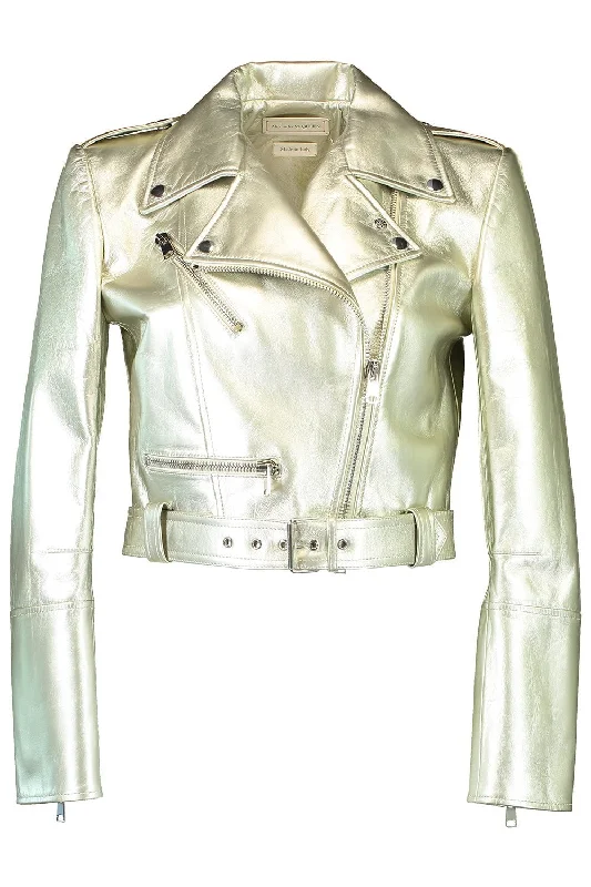 trendy sleeveless coats for women -Cropped Biker Jacket - Champagne