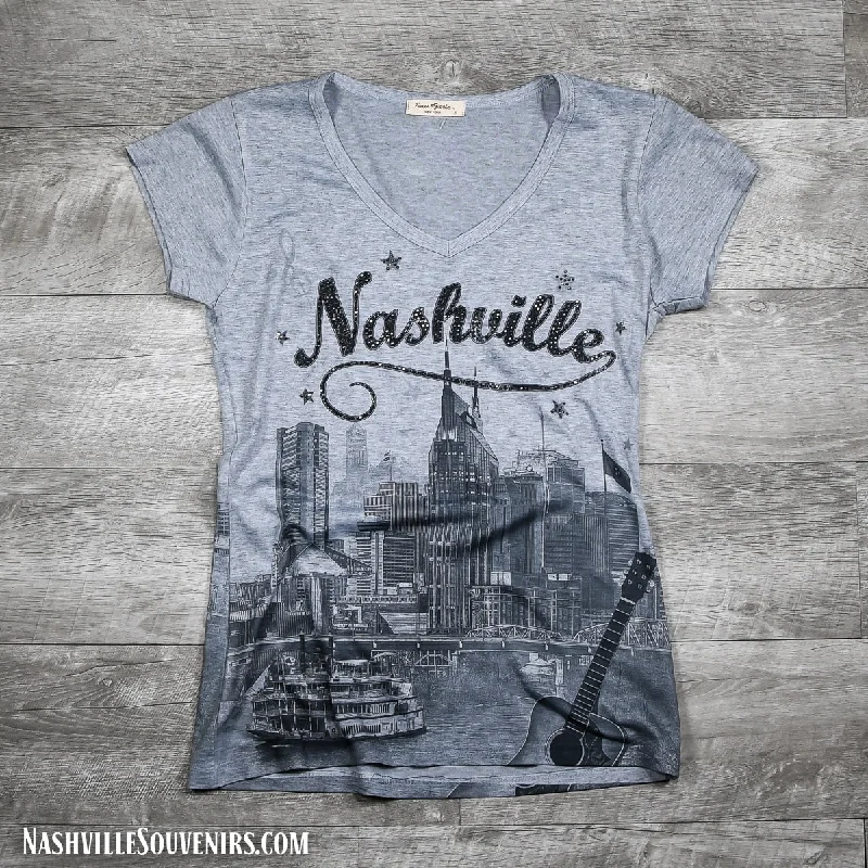 ladies' henley blouses -Women's Nashville T-shirt with Riverfront Skyline