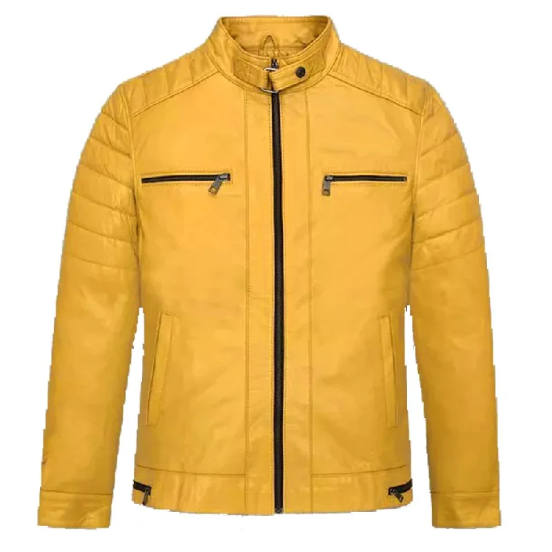 women's fleece-lined coats -Yellow Slim Fit Zipper Leather Jacket