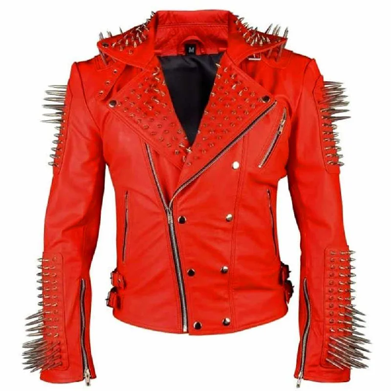 women's puffer jackets -Red Punk Spikes Leather Jacket