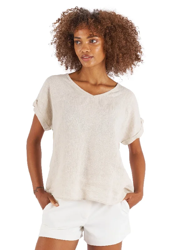 ladies' velvet tops -Martina Natural Sand Washed Linen T-Shirt