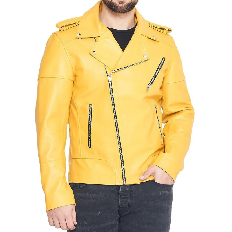 stylish boyfriend coats for women -Yellow Slim Fit Real Leather Jacket