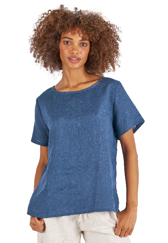 stylish denim crop tops for women -Teena-Linen Blue Sand Washed T-Shirt