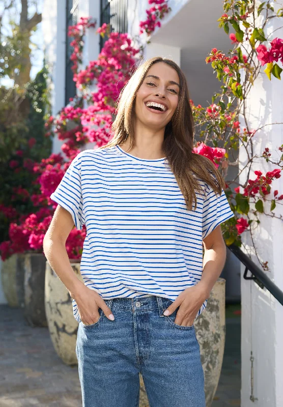 women's ruffle sleeve tops -Francy Royal Blue Stripes Rolled Sleeve T-Shirt