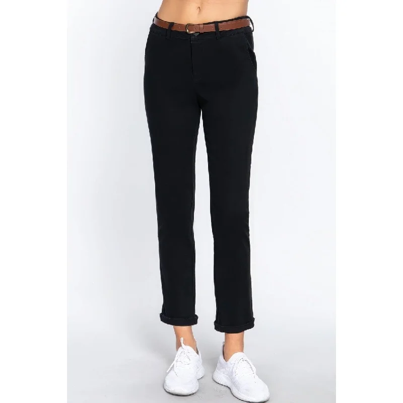 stylish cotton capri pants for women -CottonSpan Twill Belted Long Pants