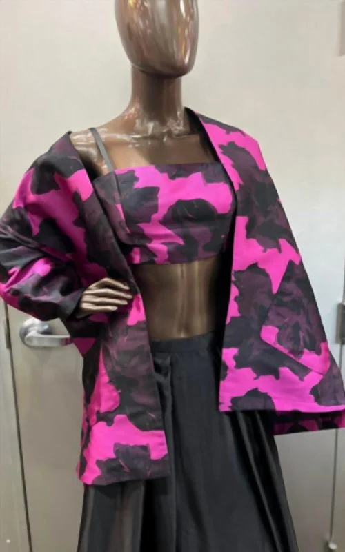 ladies' color-block jackets -Zinzane Abstract Floral Bandeau And Jacket Set In Magenta/black