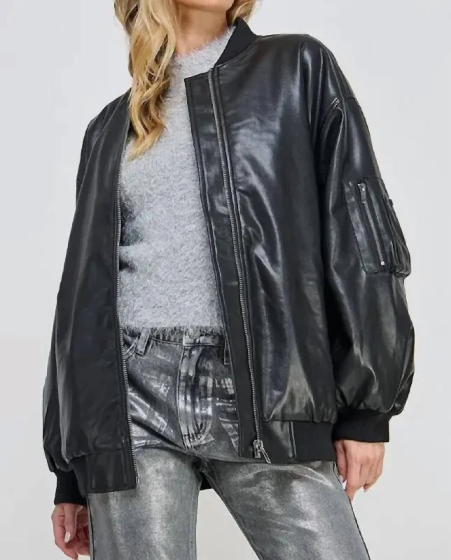 women's stretch-fabric jackets -Zip Up Pockets Pu Faux Leather Bomber Jacket In Black