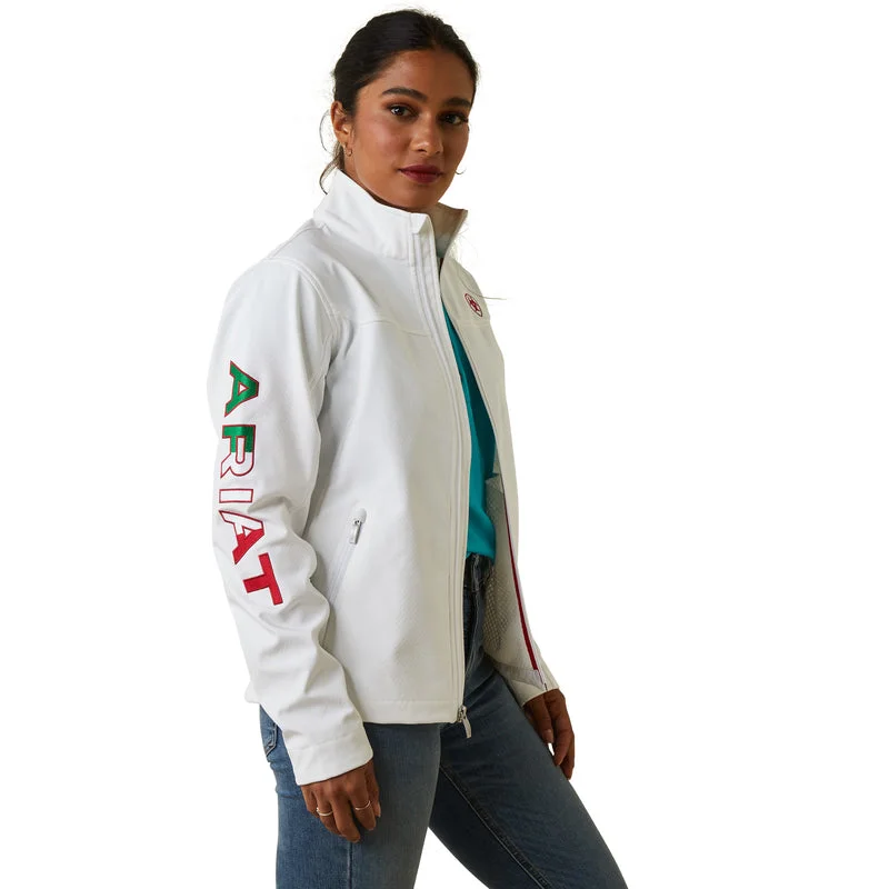 stylish structured coats for women -Ariat Women's Classic Team Softshell MEXICO Water Resistant Jacket, White