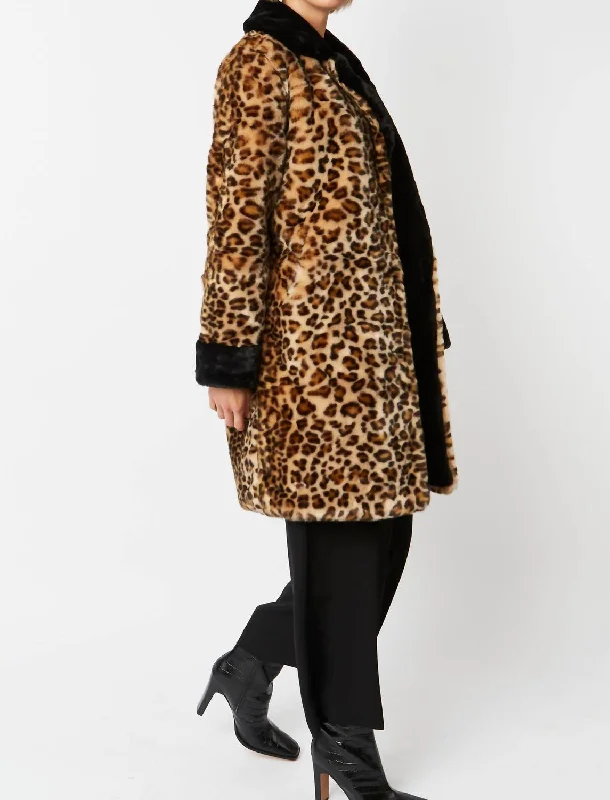 women's side-zip winter coats -Faux Leopard Midi Coat In Leopard Print