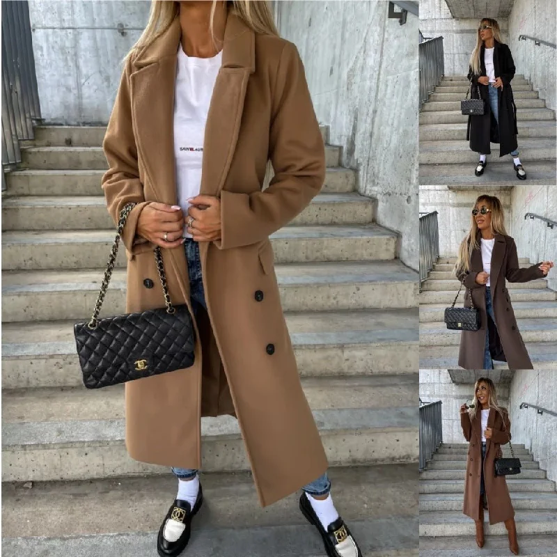 trendy plaid trench coats for women -Betty Long Sleeve Lapel Button Split Coat