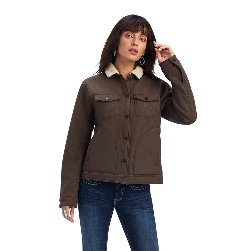 women's sporty hybrid coats -Ariat Women's Trucker Softshell Jacket Brazil Nut Embossed Tooled Flo, Brown