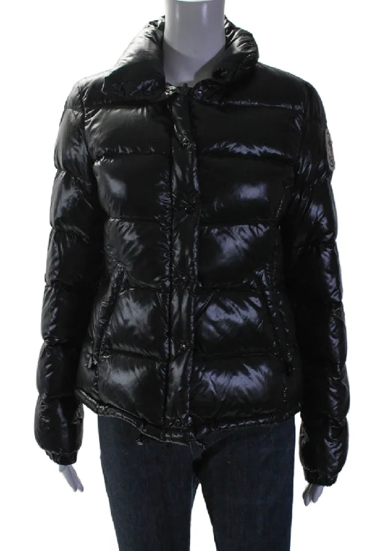 women's long padded coats -Moncler Womens Two Pocket High Neck Long Sleeve Zip Up Puffer Coat Black