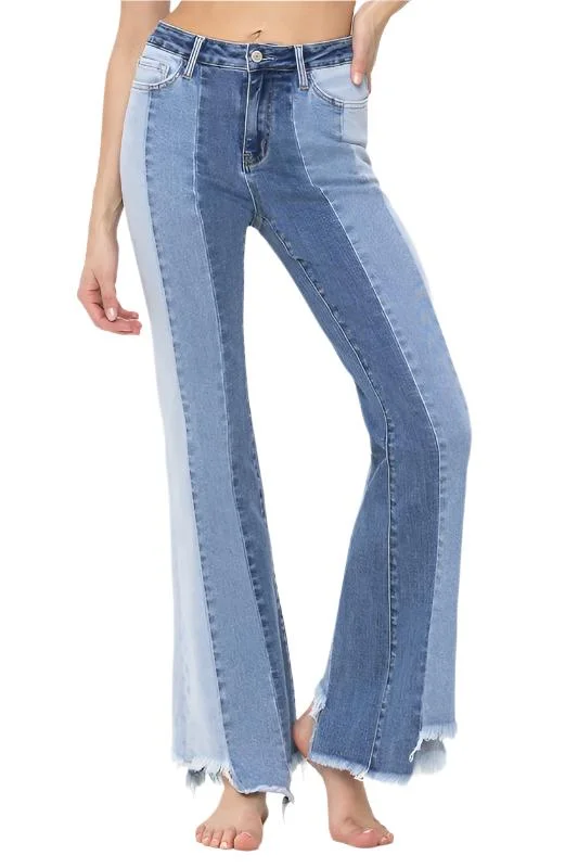 women's bootcut jeans -Flying Monkey Vervet-HIGH RISE RELAXED FLARE WITH UNEVEN RAW HEM