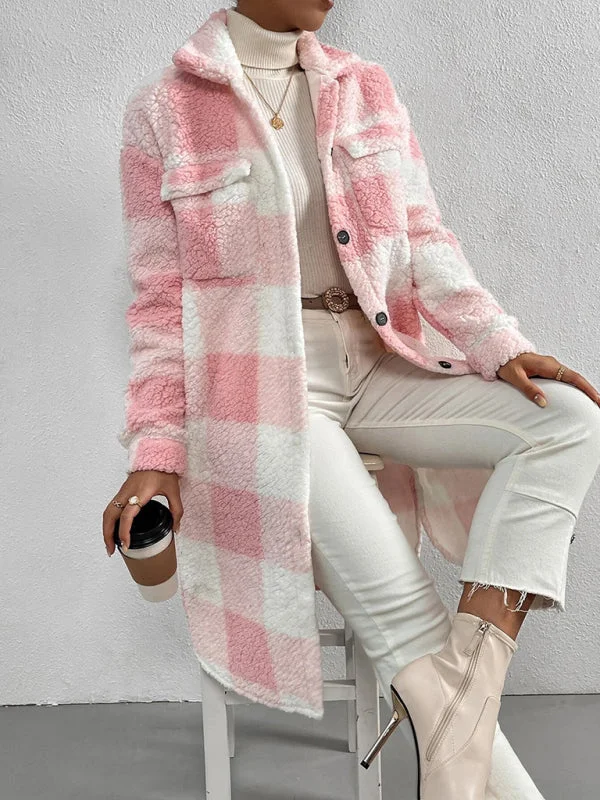 women's color-blocked coats -Open Buckle Lapel Plush Plaid Long Coat