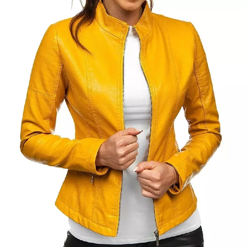 trendy cropped puffer jackets for women -Slim Fit Yellow Leather Jacket