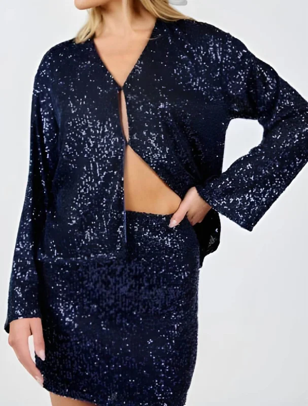 women's hooded raincoats -Sky High Sequin Jacket In Navy