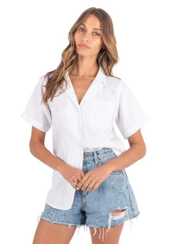 women's back tie tops -Revere White SS Linen T-shirt