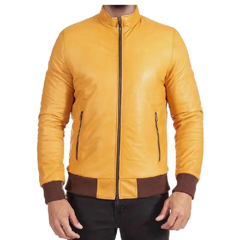 stylish structured coats for women -Yellow Bomber Leather Jacket