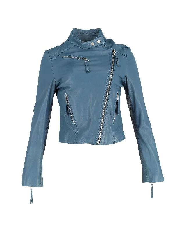 ladies' elegant cape coats -Light Blue Leather Biker Jacket with Quilted Details and Silver-Tone Hardware