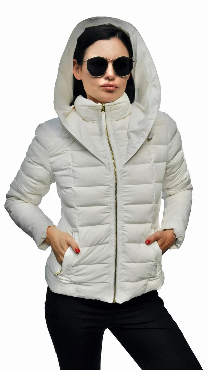 women's two-tone trench coats -Jacket Down Puffer With Hood Zipper Front Antique White Tania Women's