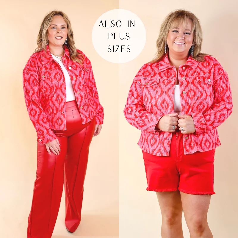 ladies' mid-length coats -New In Town Mosaic Print Corduroy Jacket in Pink and Red