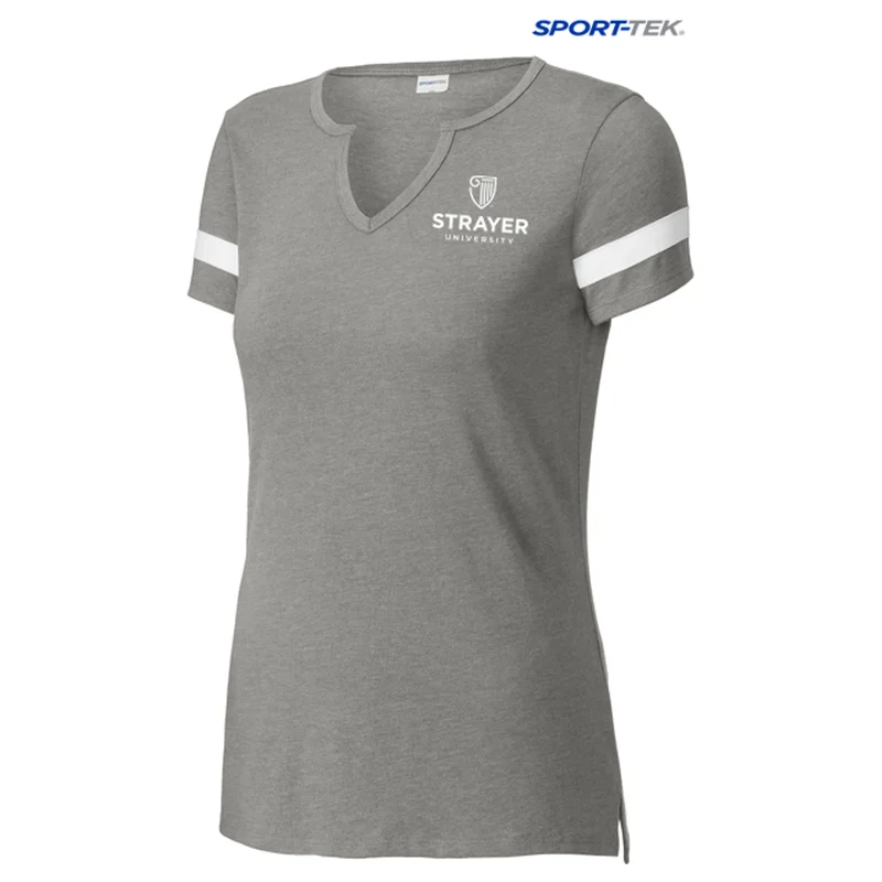 stylish square-neck tops for women -NEW STRAYER Sport-Tek® Ladies Halftime Notch Neck Tee - Vintage Heather/ White