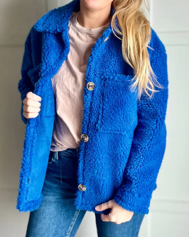 stylish business coats for women -Cozy Sherpa Fleece Jacket In Azure