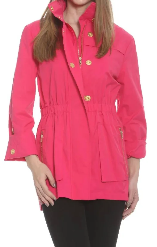 trendy checked wool coats for women -Tess Rain Jacket In Hot Pink