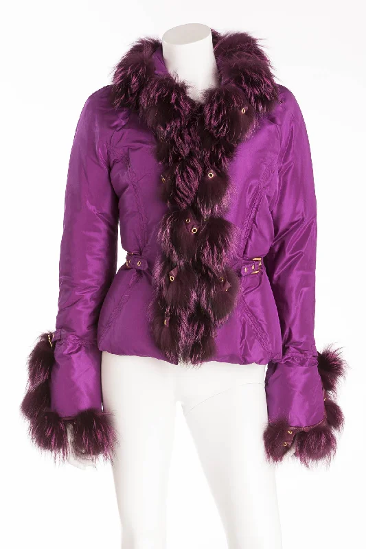 women's double-breasted coats -Roberto Cavalli - Purple Down Feather Puffy Jacket with Purple Fur Trim - IT 42