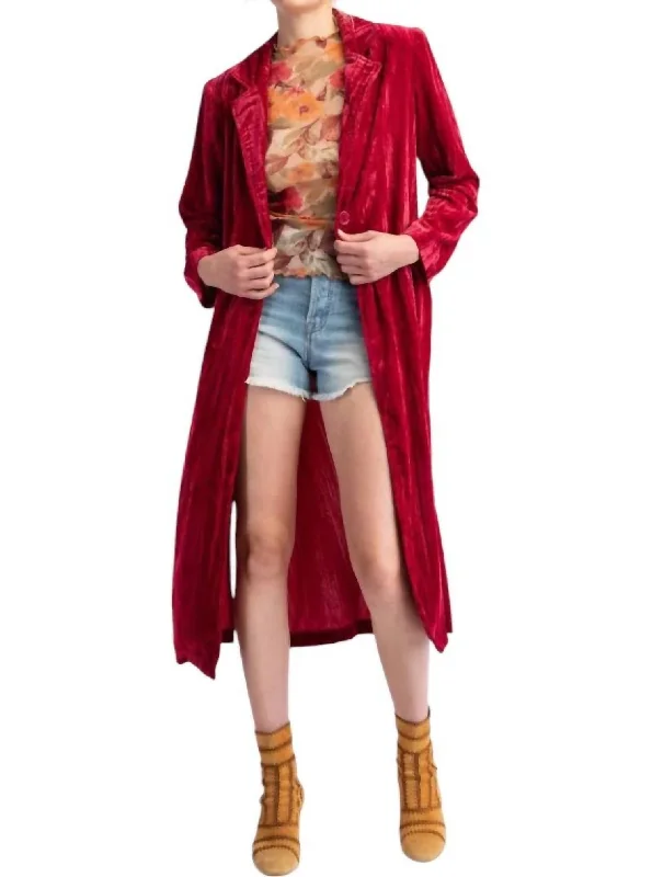 women's wool coats -Ice Hot Velvet Maxi Coat In Red