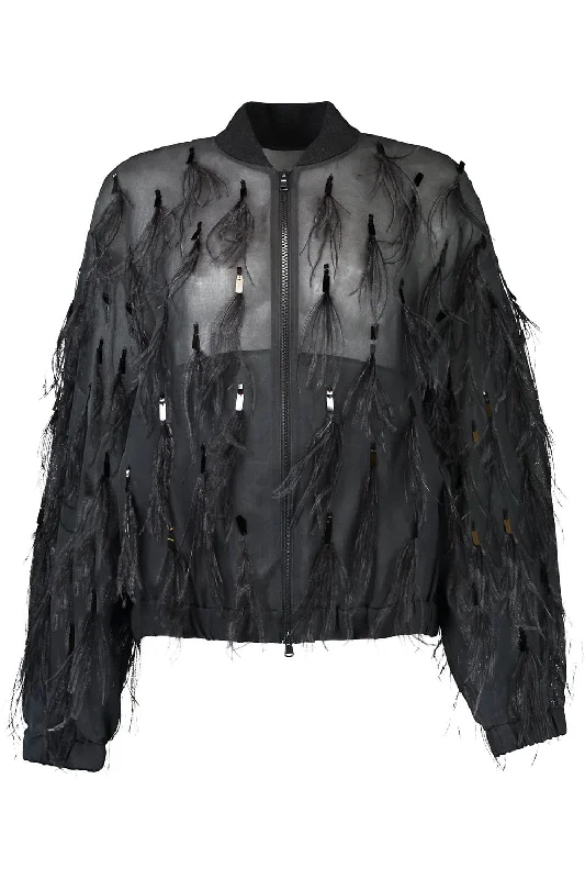 women's distressed denim jackets -Dazzling Feather Embroidered Bomber Jacket