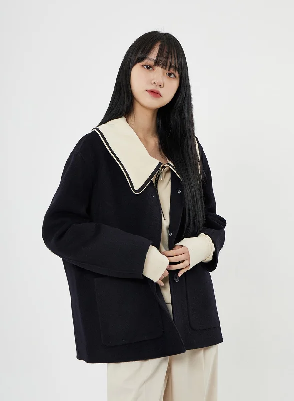 women's fleece-lined coats -Button Round Neck Coat BN10