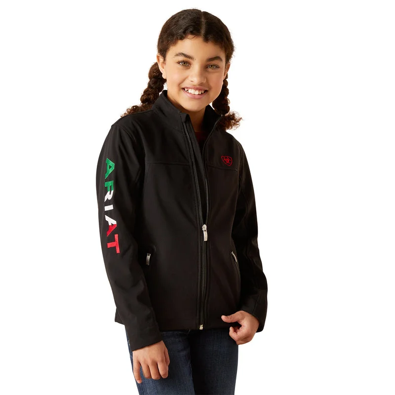 stylish velvet coats for women -Ariat Youth New Team Softshell Brand Jacket, Black/Mexico